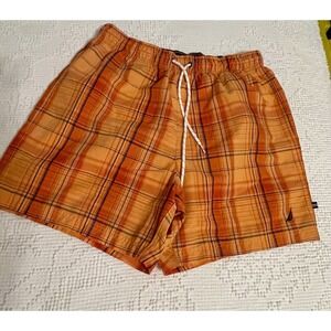 Nautica Mens Orange Plaid Swim Trunks M Back Pocket Lined